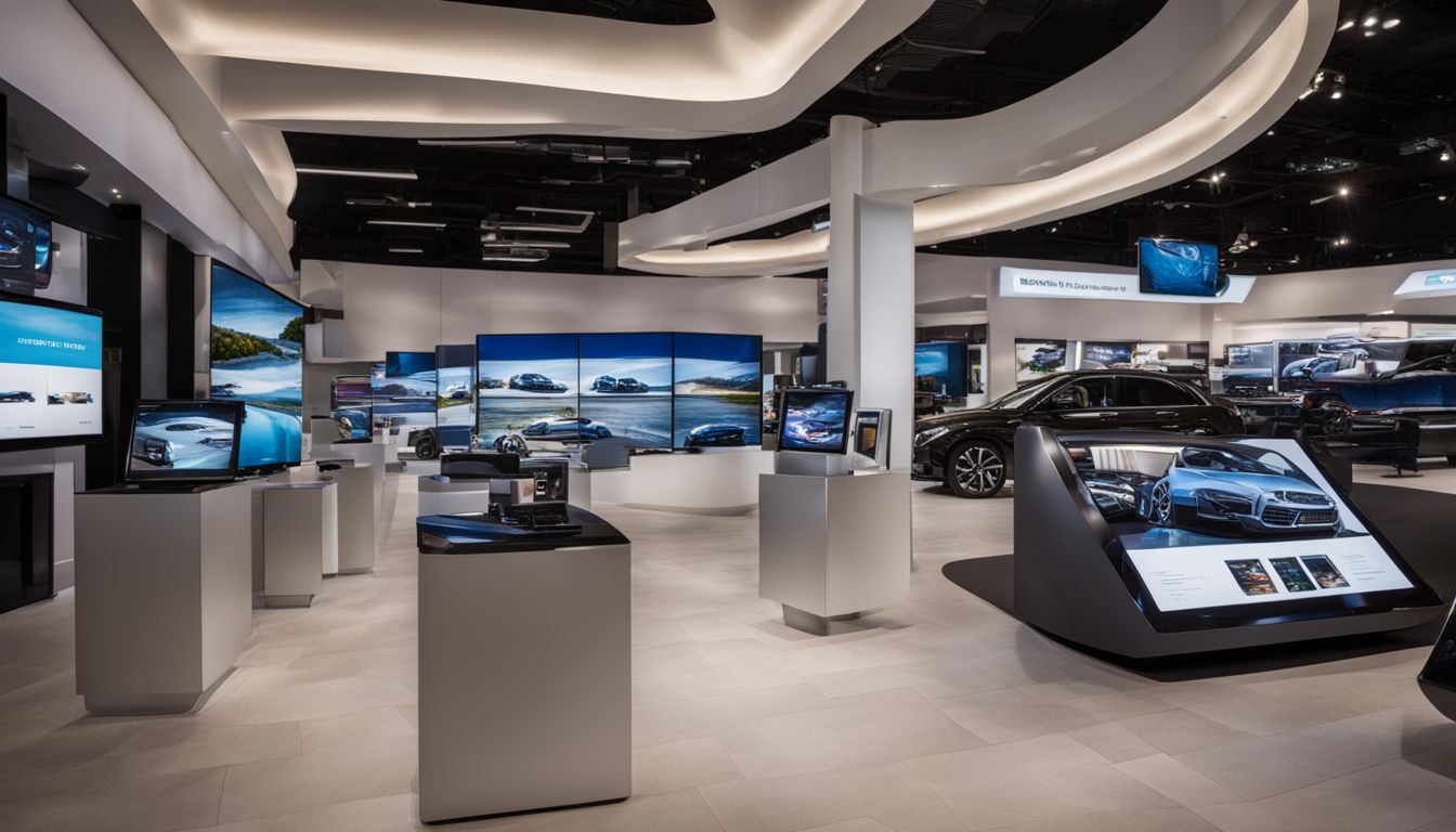 A busy car dealership showroom with multiple screens displaying engaging content featuring various people and styles.