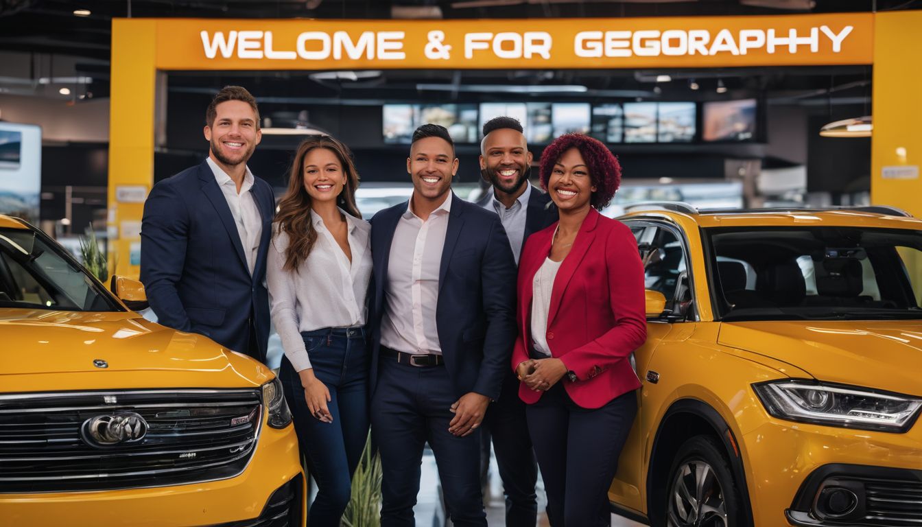 A group of diverse and happy customers pose in front of a digital welcome sign at a car dealership.
