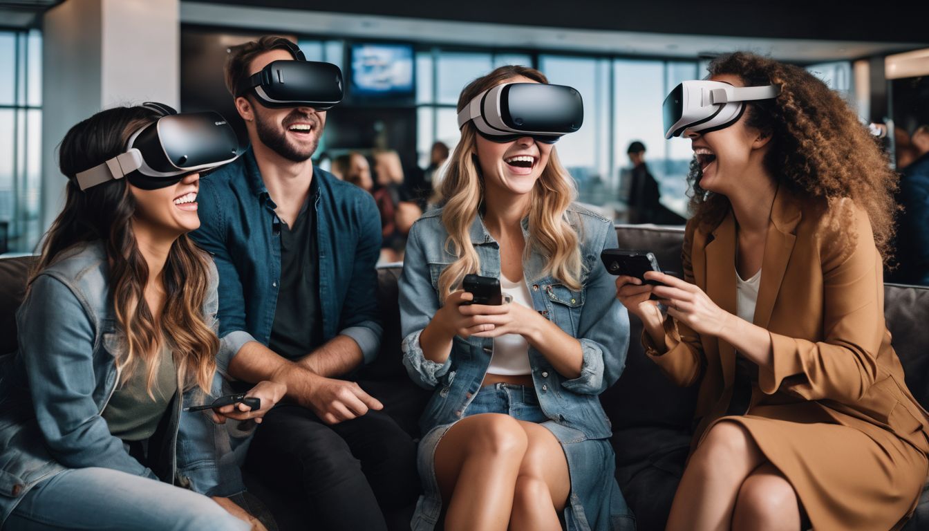 A diverse group of people have fun playing a virtual reality game in a modern waiting area.