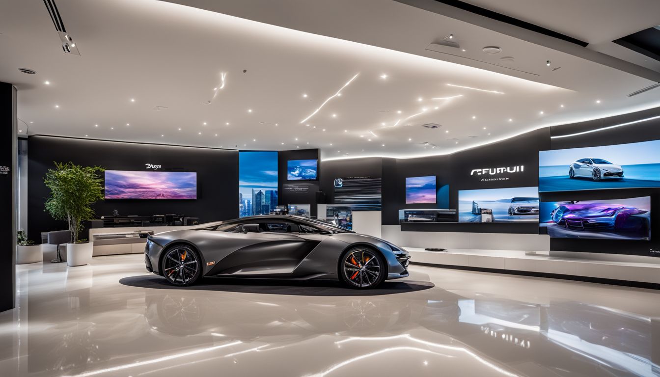 A sleek and modern automotive showroom featuring digital signage displays and a variety of people with different styles and outfits.