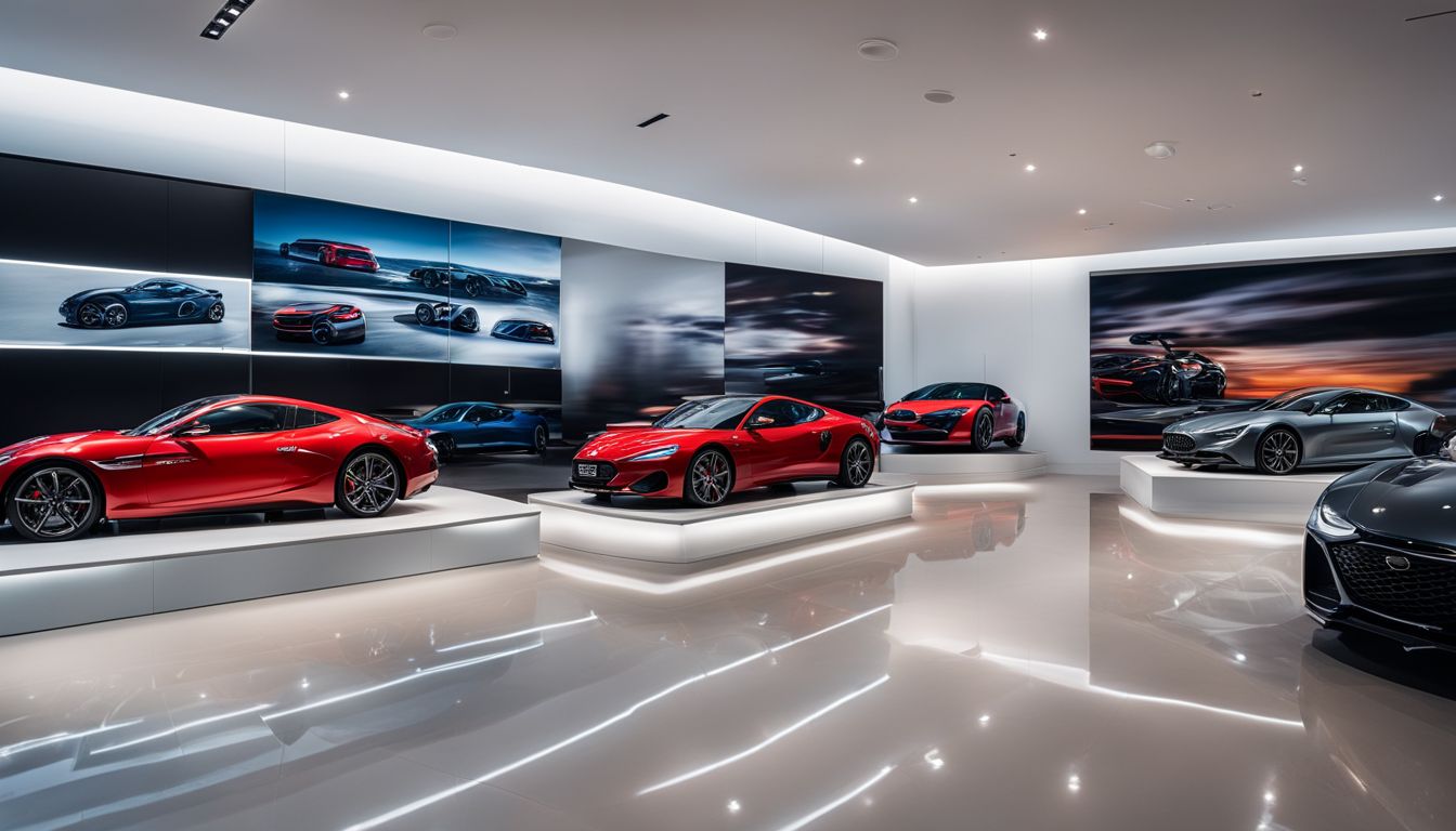 A row of high-definition screens displaying automotive content in a sleek and modern showroom with a bustling atmosphere.