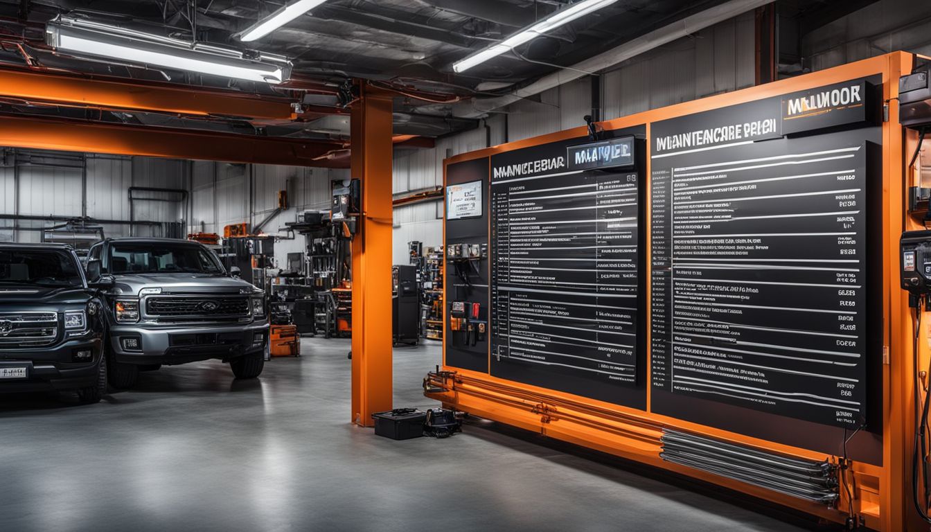 A photo of maintenance service menu boards in an automotive workshop with a diverse group of people.