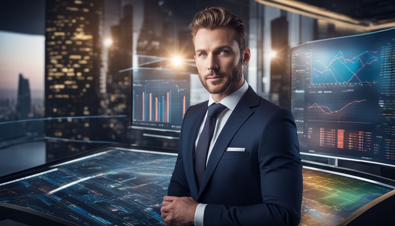 A confident businessman presenting sales data on a high-tech digital display in a bustling cityscape.