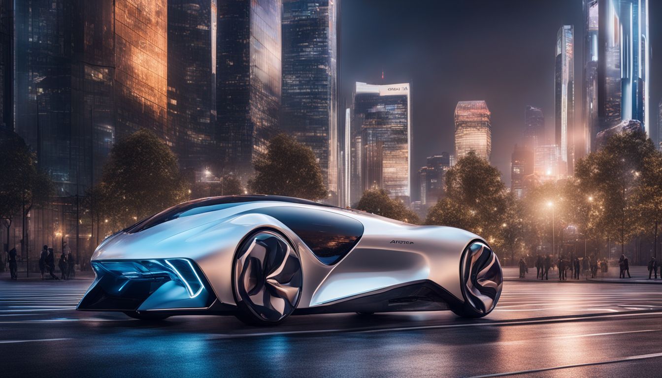 A futuristic autonomous vehicle with advanced exterior displays in a bustling cityscape, captured in a high-quality photograph.