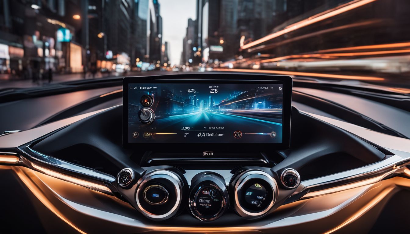A futuristic car dashboard with a digital display, surrounded by cityscape photography, showcasing various people and scenes.