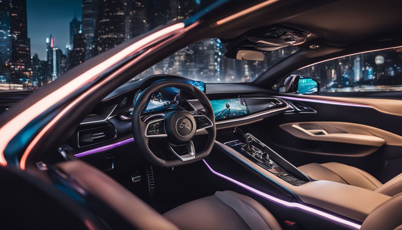 A futuristic car dashboard with multiple integrated displays and a bustling cityscape photography backdrop featuring diverse people.