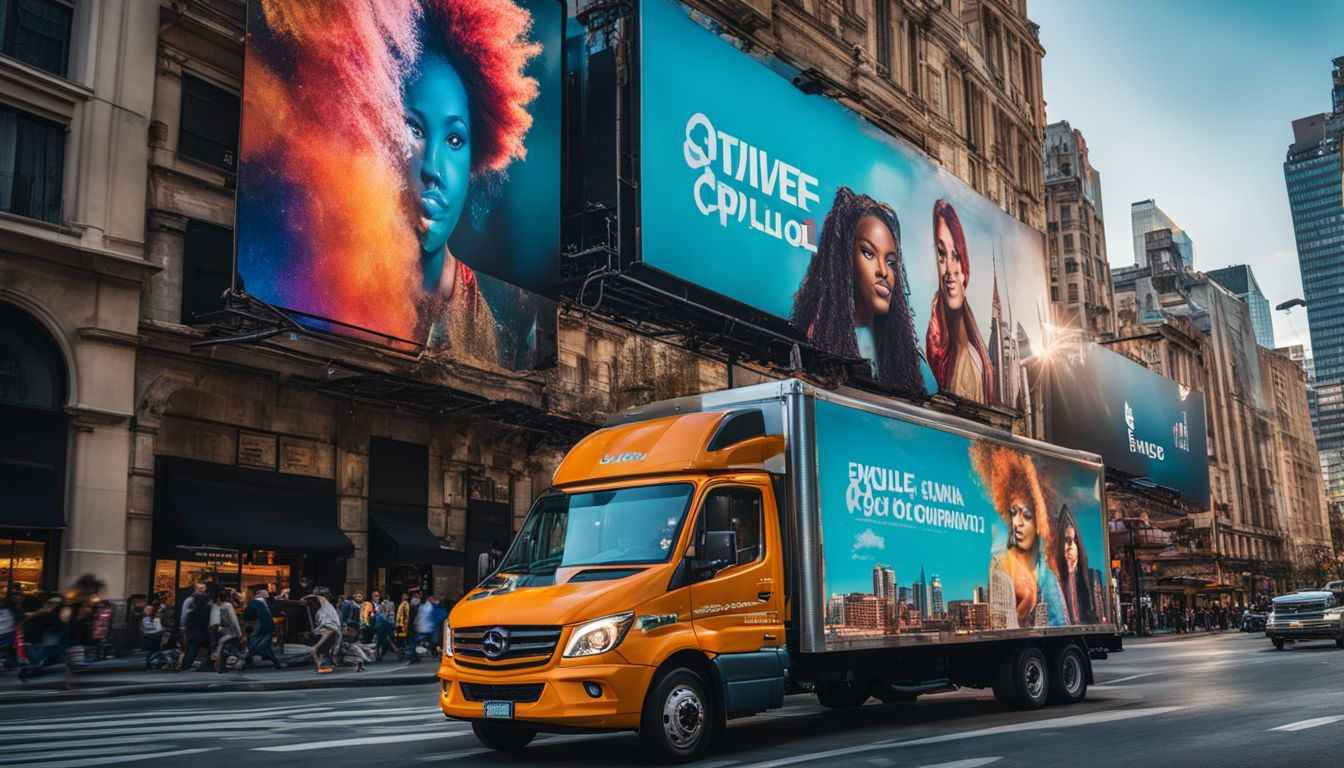 A mobile billboard truck in a vibrant city featuring diverse faces and outfits, captured with professional photography equipment.
