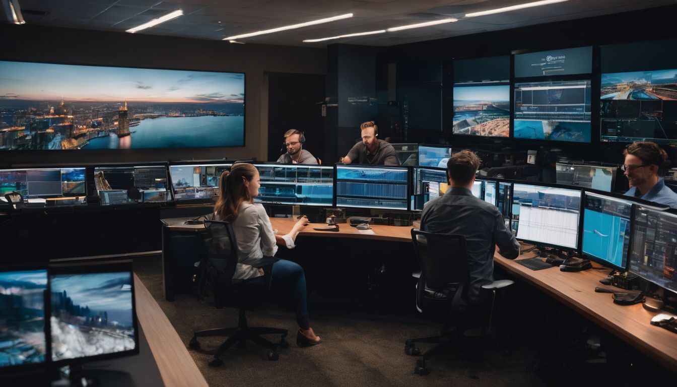 A diverse team of engineers working in a modern control room.