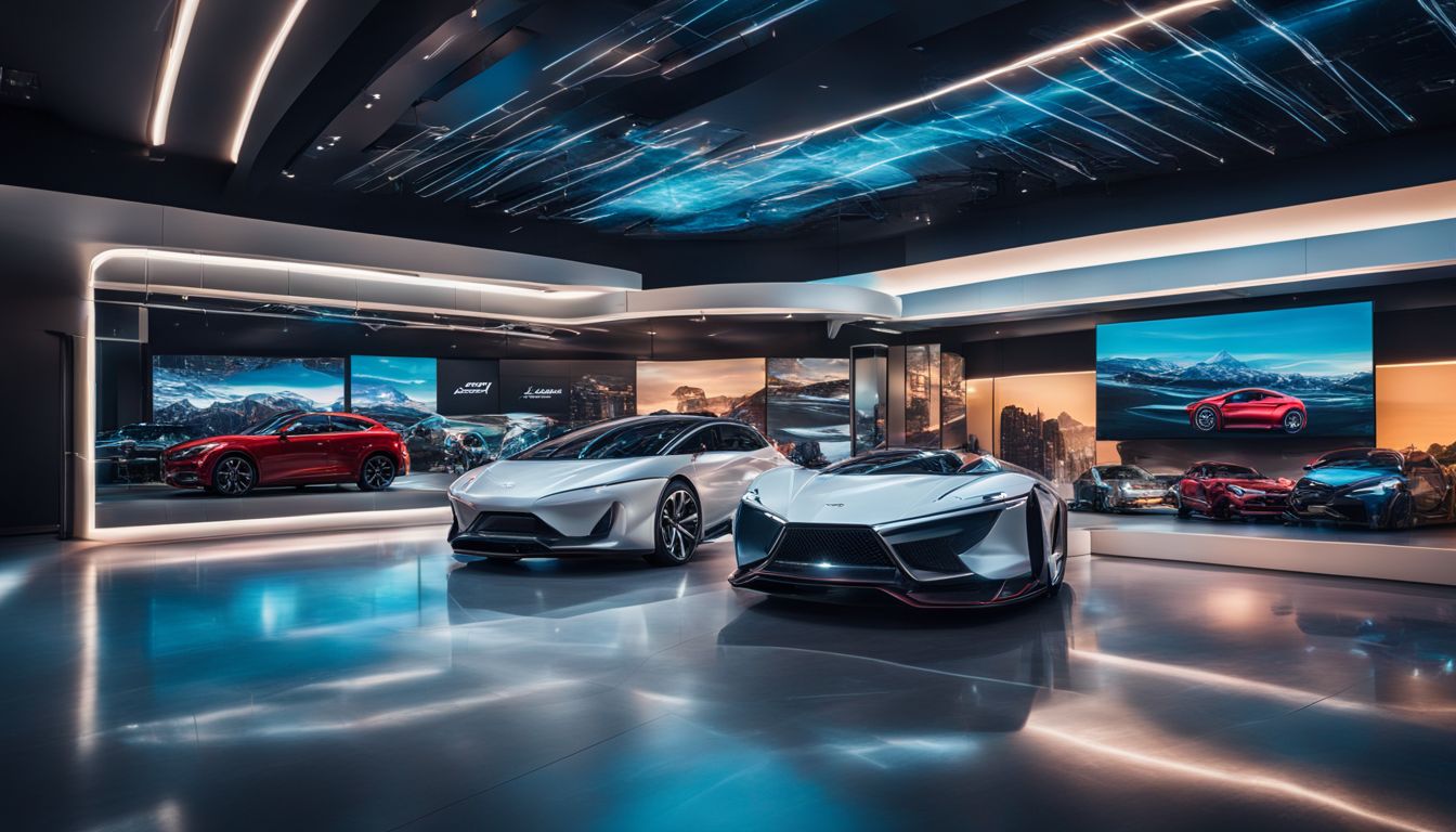 The image shows a futuristic car showroom with digital displays showcasing dynamic car models and interactive media bars.