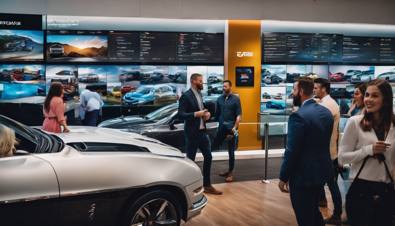 A diverse group of customers happily exploring a digital sales board at a car dealership.