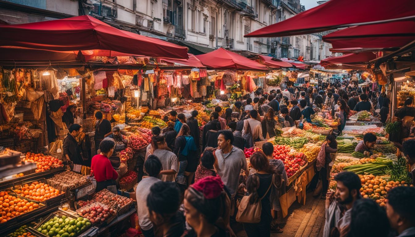A lively marketplace with diverse shoppers and a variety of products, captured in a vibrant photo.