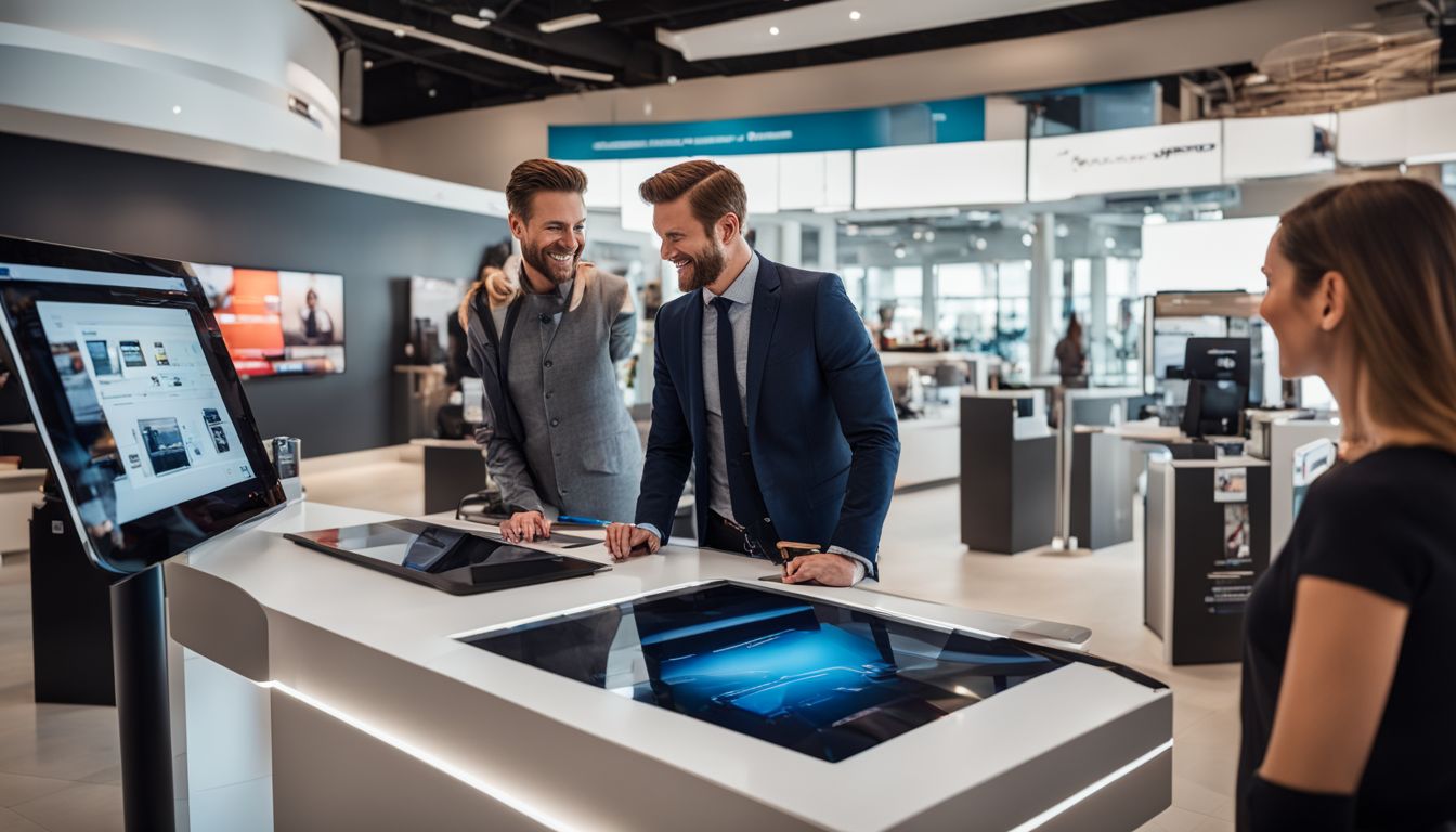 A customer happily interacts with a touch-screen kiosk in a modern dealership showroom, surrounded by diverse individuals.