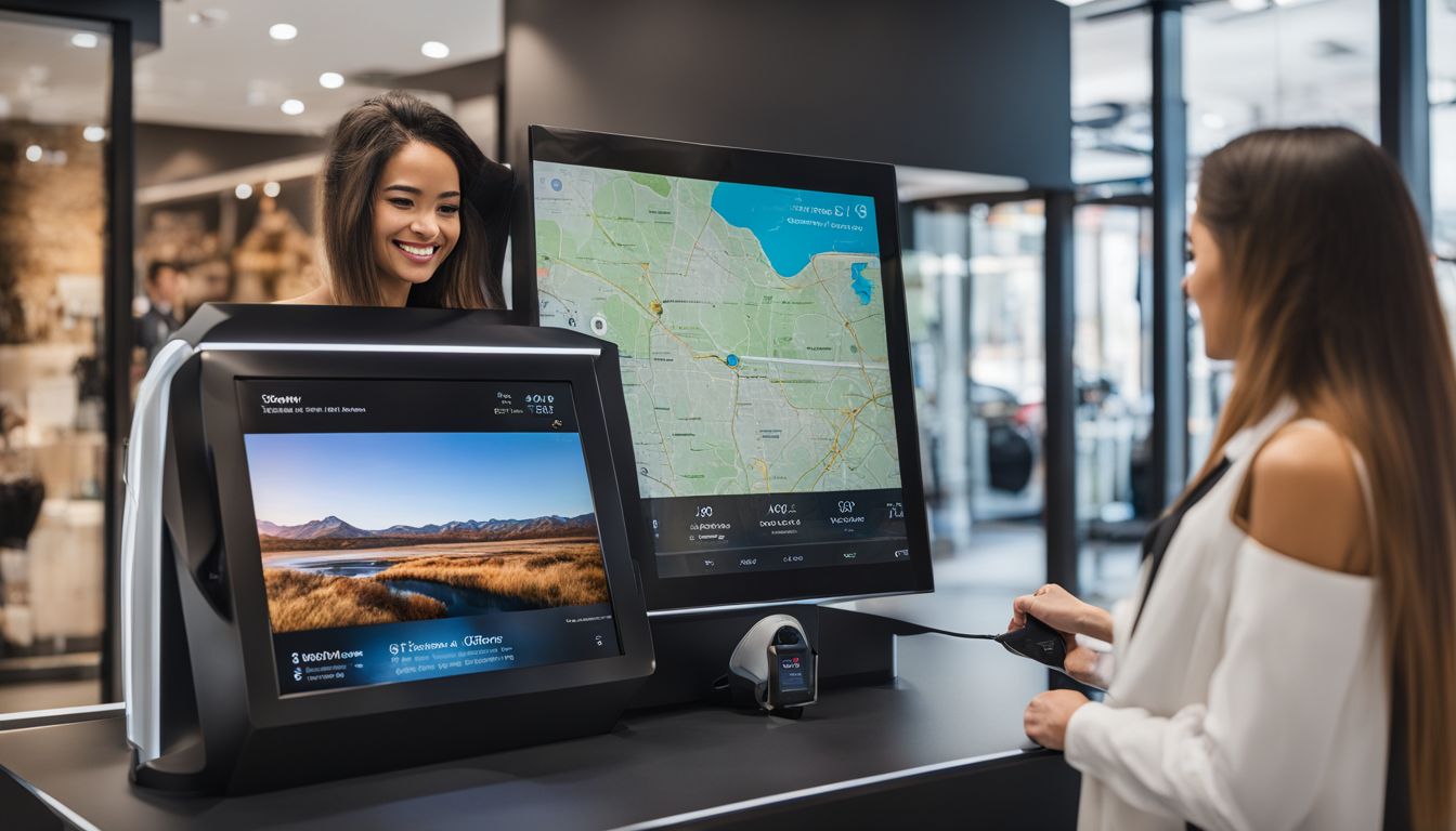 A customer using a digital map on an interactive kiosk to navigate through a dealership.