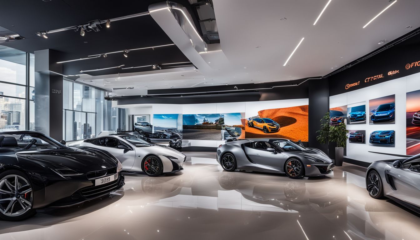 A modern showroom featuring vibrant car images, cityscape photography, and various people with different styles and outfits.