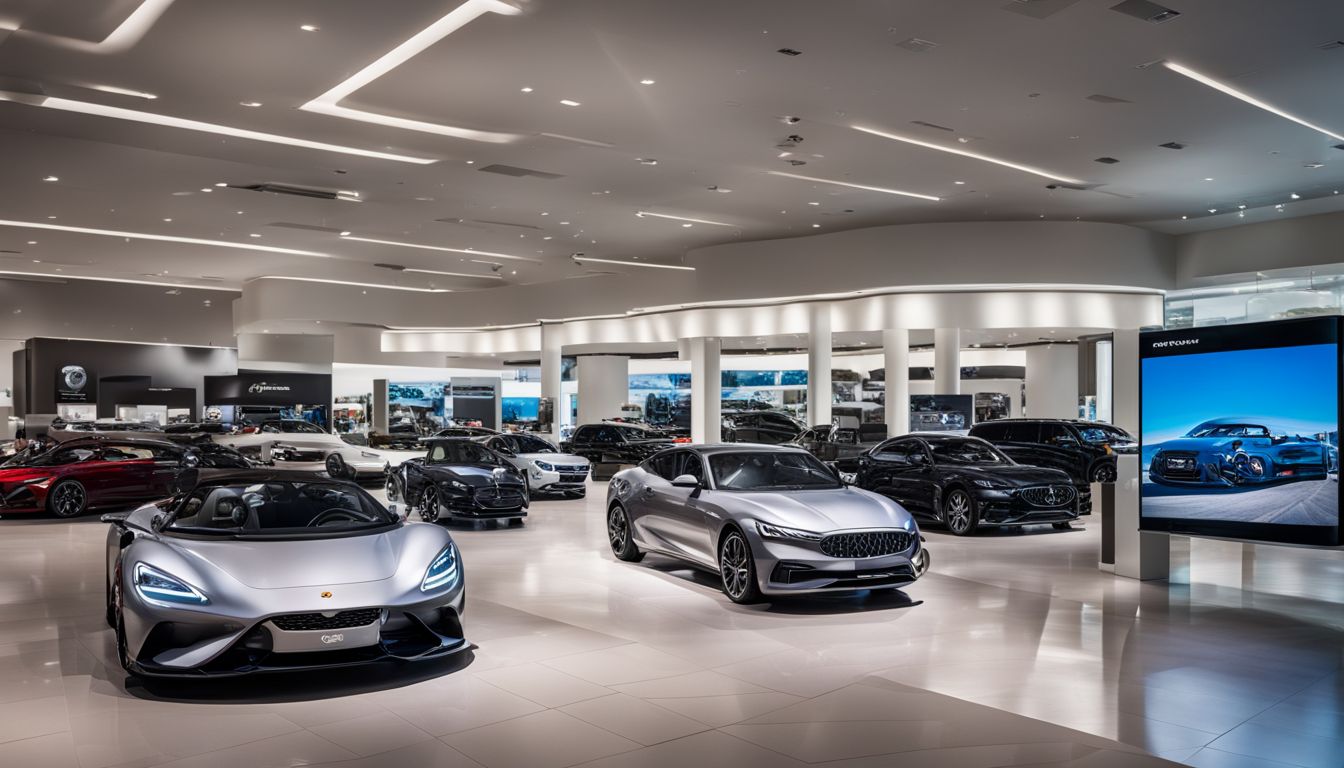 A digital signage display showing various car models and special offers in a modern auto dealership.