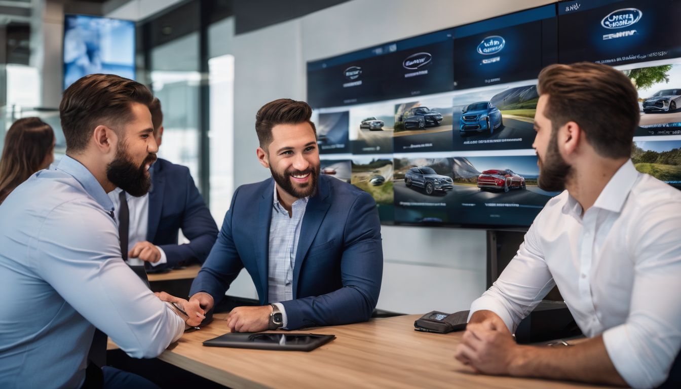 A team of diverse auto dealership employees poses in front of a screen displaying customer testimonials.