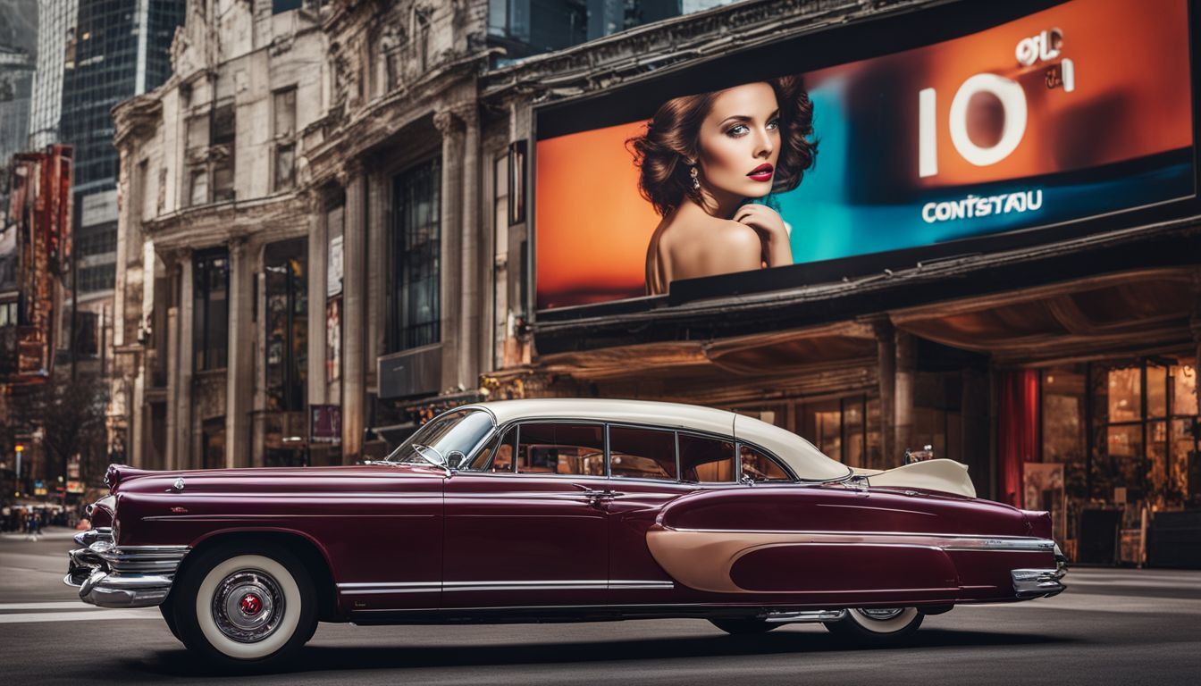 A vintage car parked in front of a digital signage displaying the brand's old and new commercials.