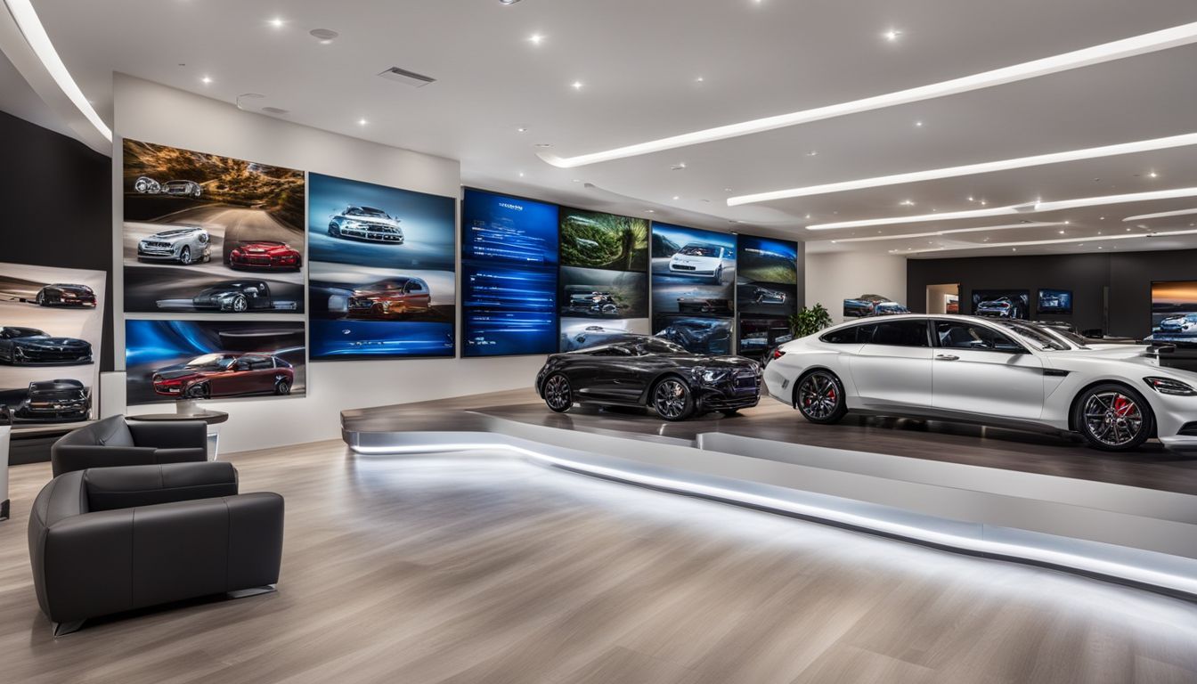 A modern auto dealership showroom with digital signage displaying brand history, commercials, inventory, and testimonials.