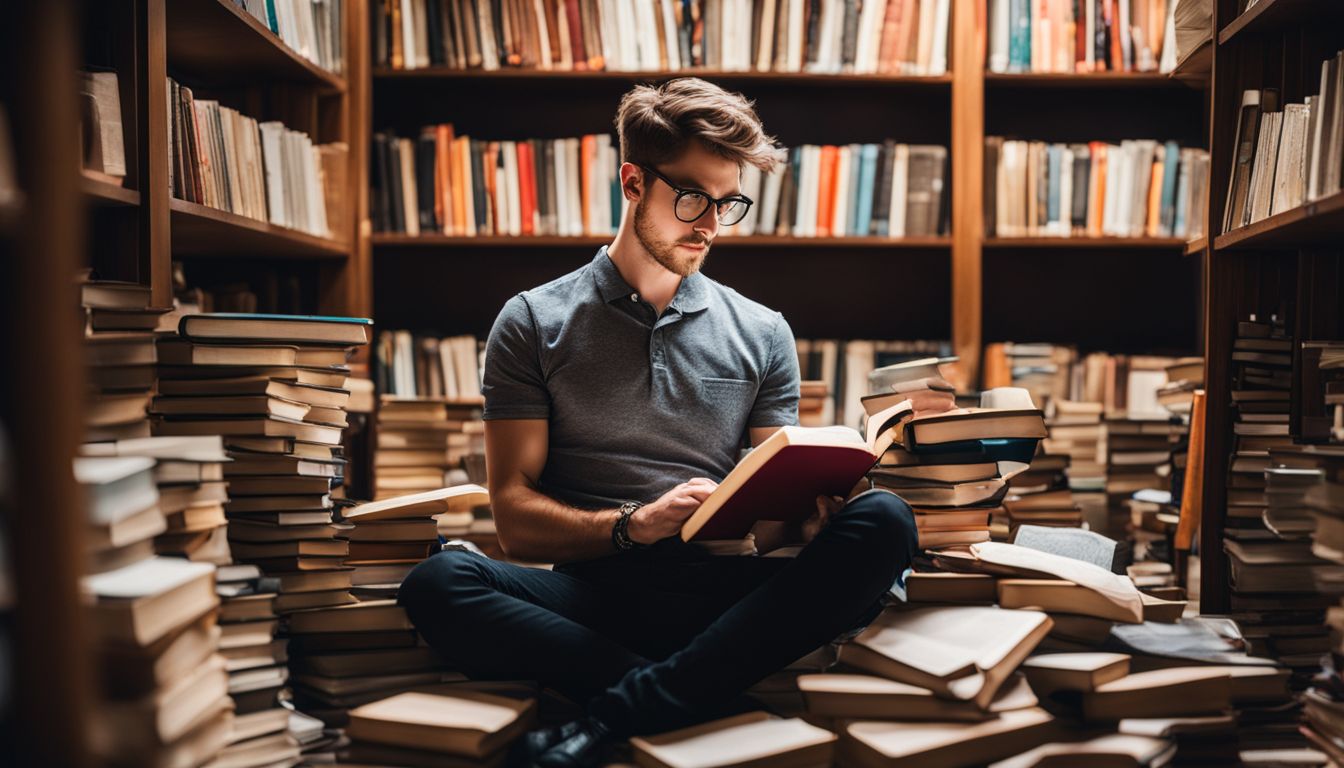 A person is immersed in reading a book surrounded by piles of books in a bustling library.