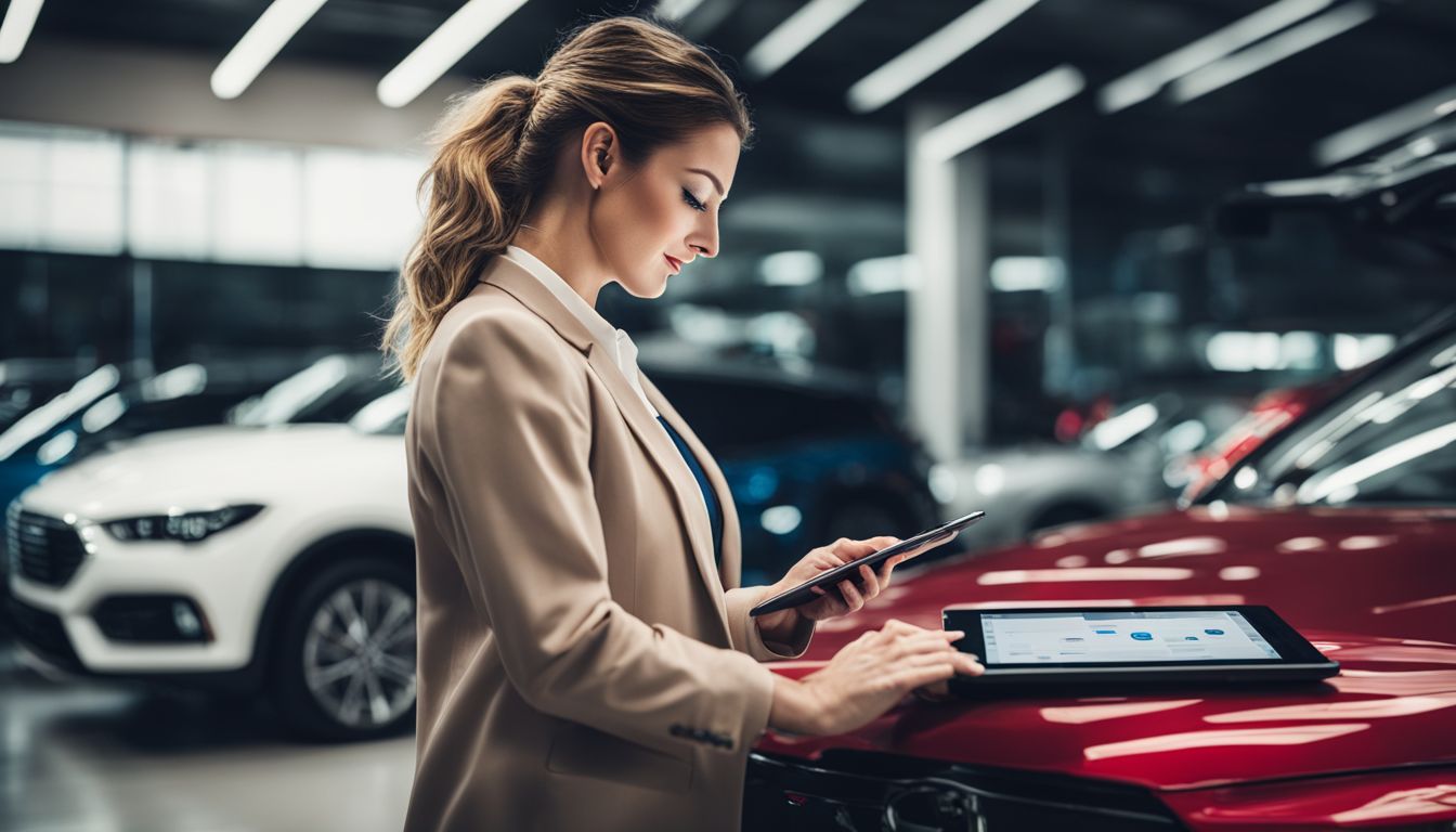 A car dealership employee uses a tablet to input vehicle and customer data wirelessly in a bustling atmosphere.