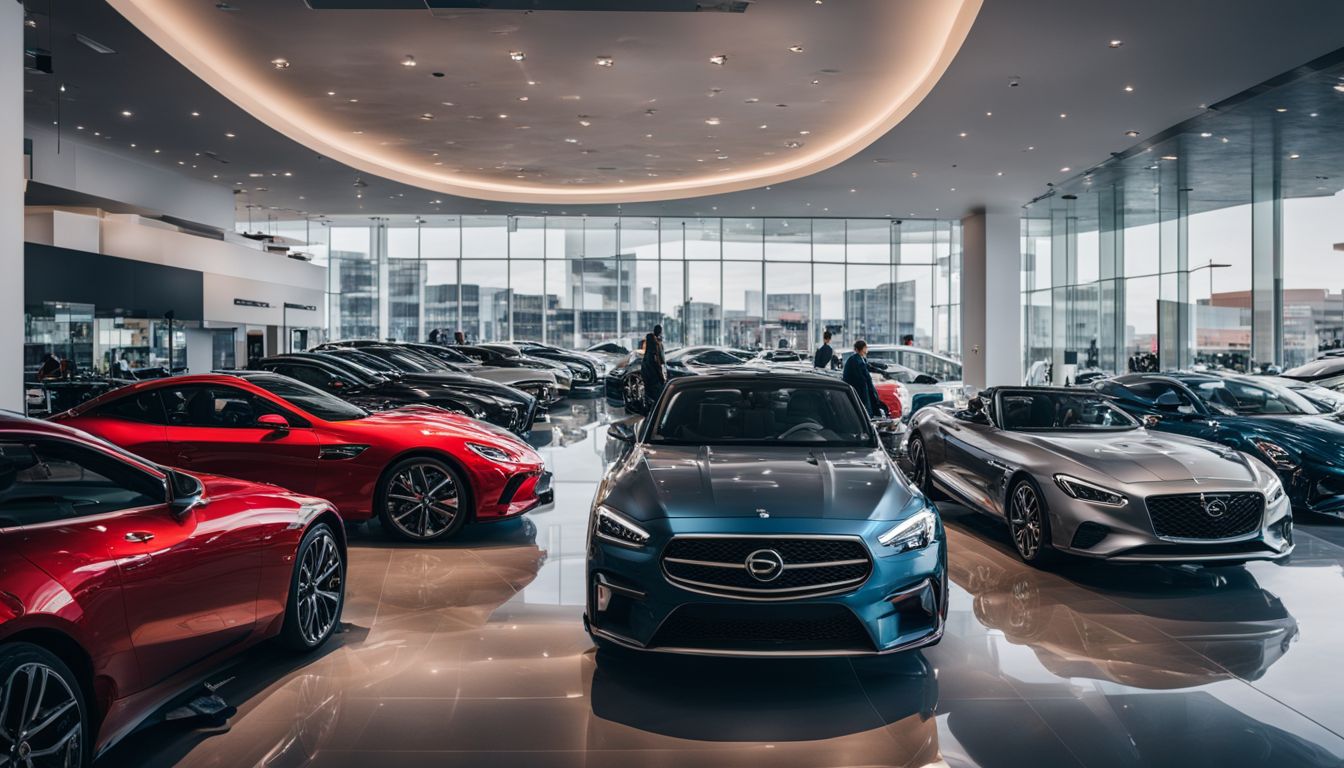 A busy car dealership with various customers and cars, captured in a high-quality and detailed photograph.
