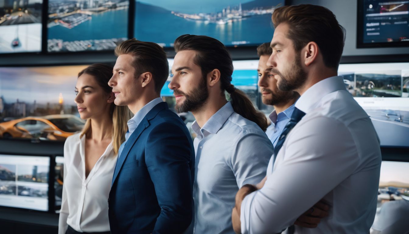 A diverse group of car dealership staff analyzing data on a digital dashboard in a bustling atmosphere.