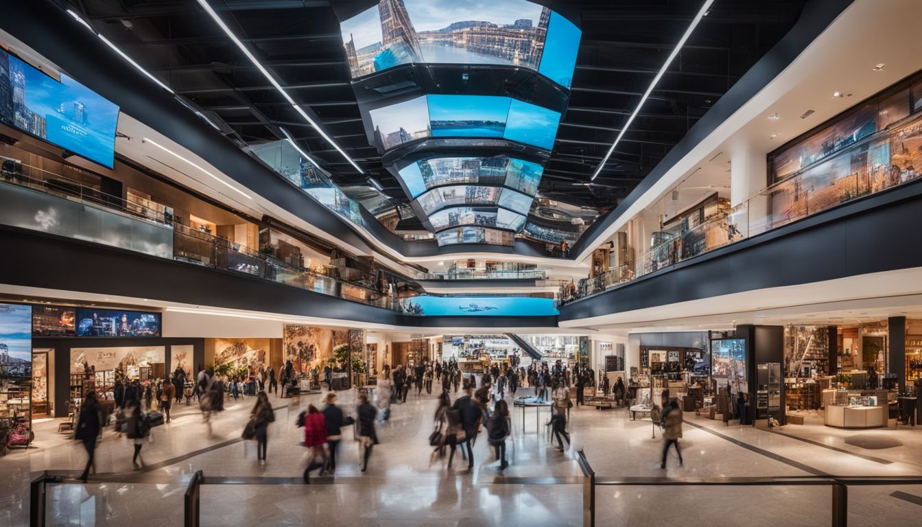 A vibrant shopping mall with multiple screens displaying dynamic content and diverse individuals with varied styles.