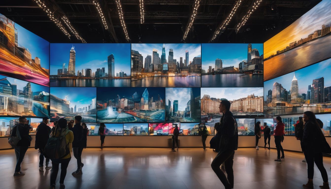 A diverse group of people captivated by a vibrant video wall display in a crowded cityscape.