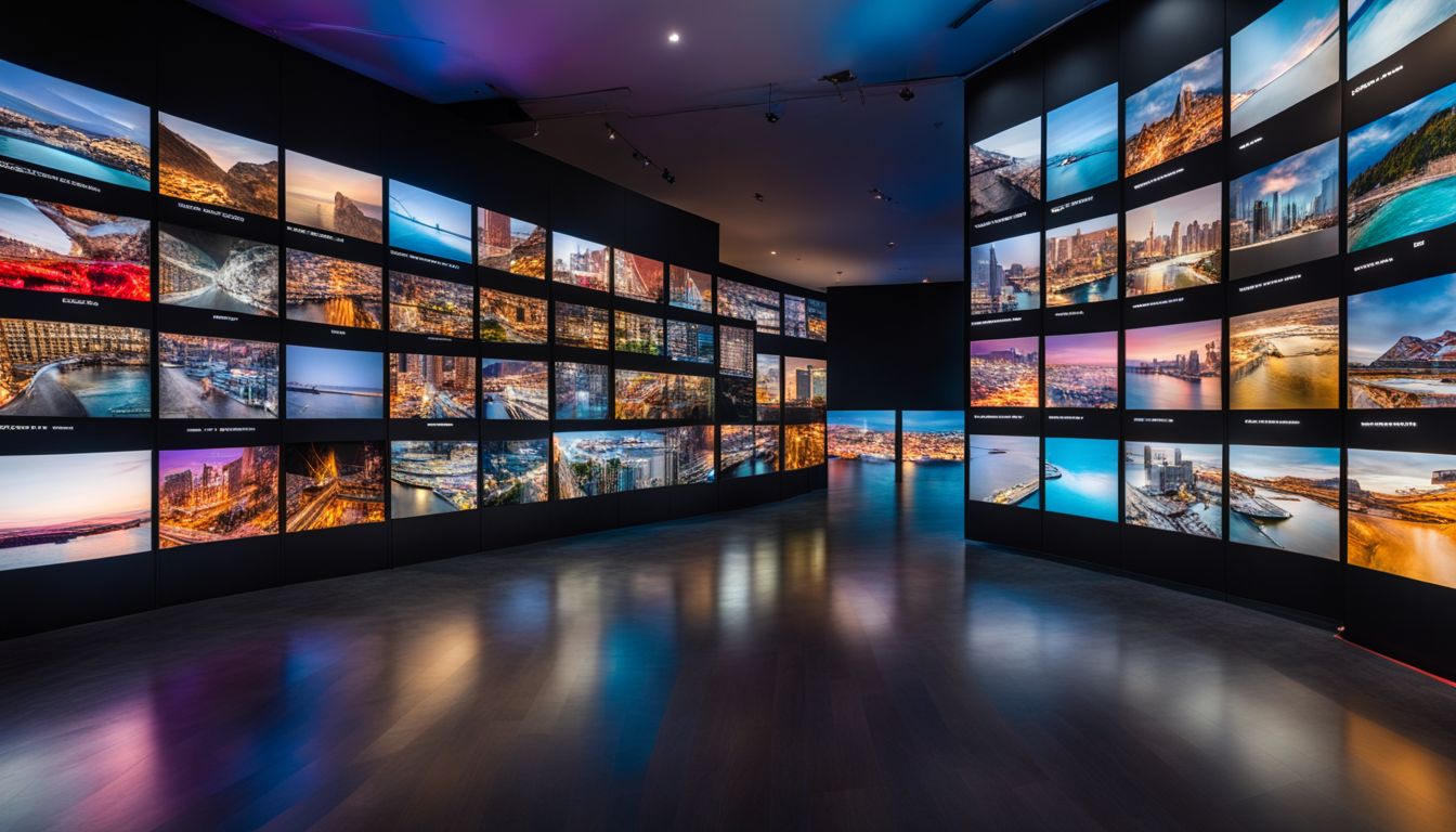 A large video wall displaying vivid, high-resolution images showcasing different faces, hairstyles, outfits, and scenes from various sources.