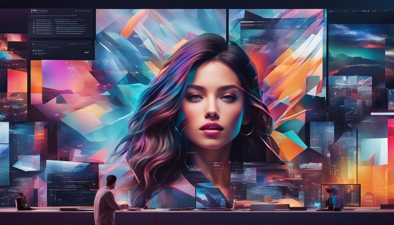 An abstract illustration of various digital content elements organized on a video wall featuring different faces, hair styles, and outfits.