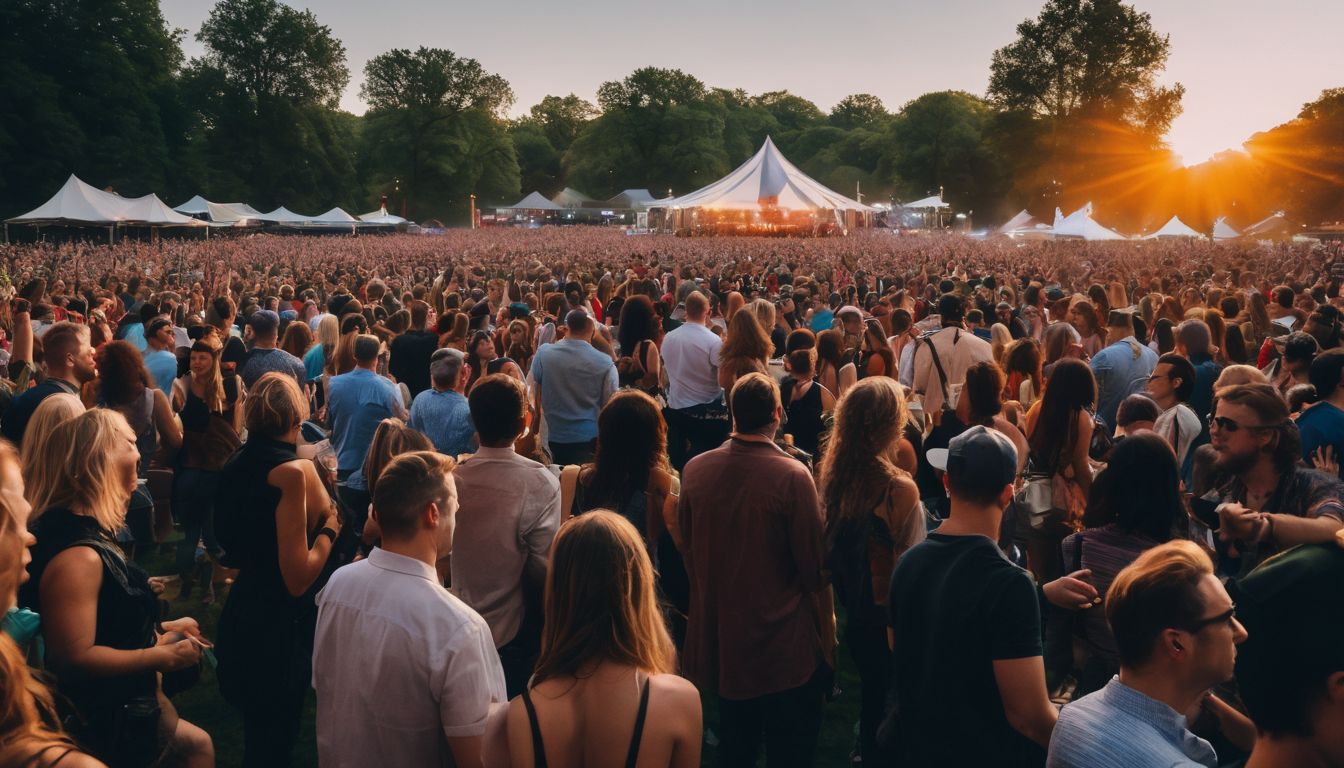 A diverse crowd at an outdoor concert in a park, captured in a high-quality photo with crystal-clear detail.