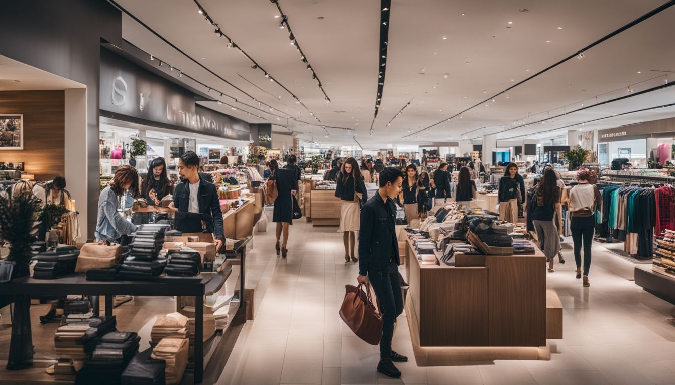 A bustling department store with diverse customers browsing, captured in a well-lit and detailed photograph.