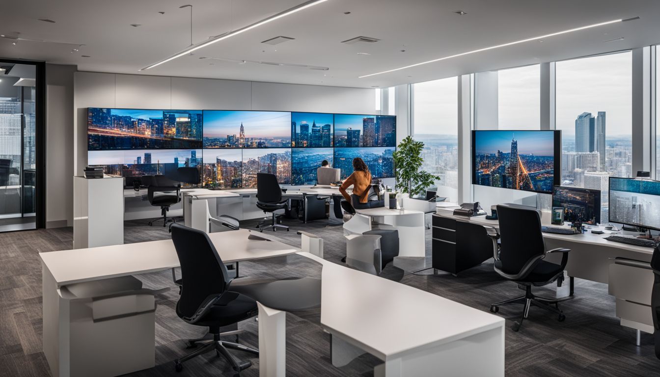 A modern office with captivating video walls displaying diverse visuals, including cityscapes, faces, and various styles.