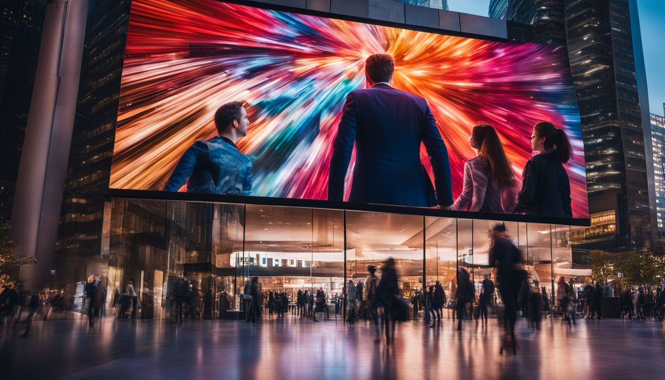 A vibrant LED video wall displaying dynamic content in a modern, high-tech environment with diverse people and bustling atmosphere.