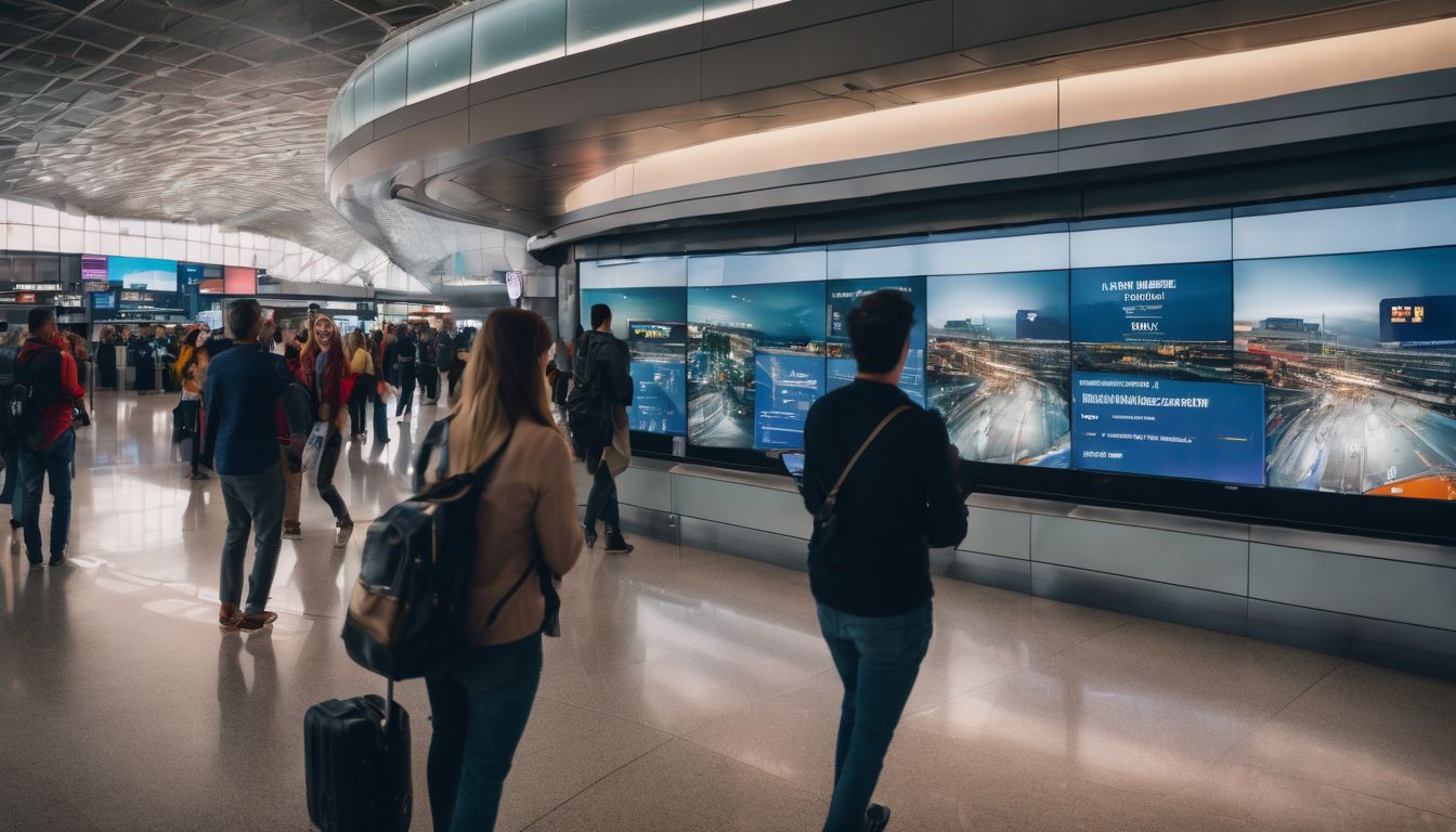 A diverse group of people in a busy airport surrounded by video walls displaying flight information.