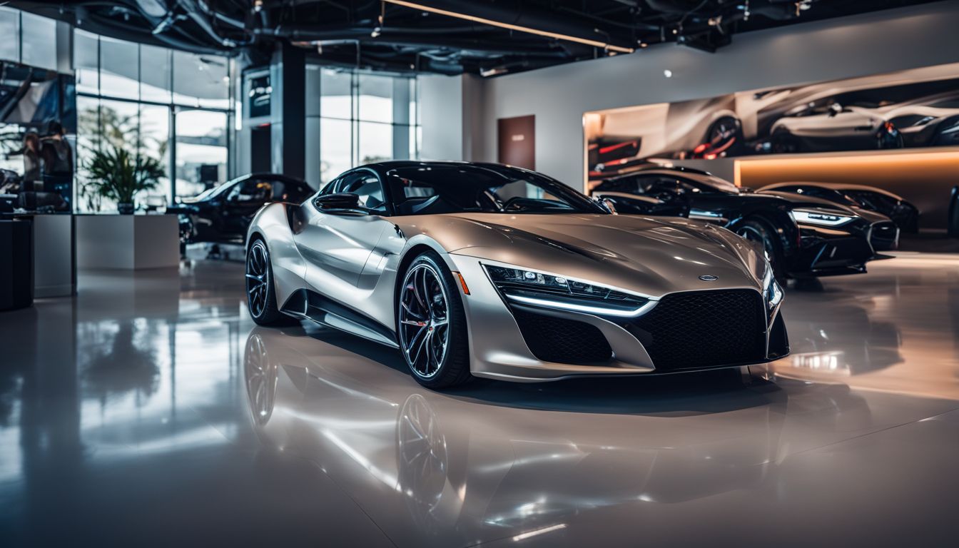 A photo of a sleek sports car in a modern dealership showroom, with different people and surroundings, taken with high-quality equipment.