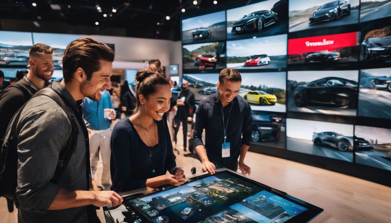 A group of customers happily exploring car options on a large interactive screen, surrounded by a vibrant cityscape backdrop.