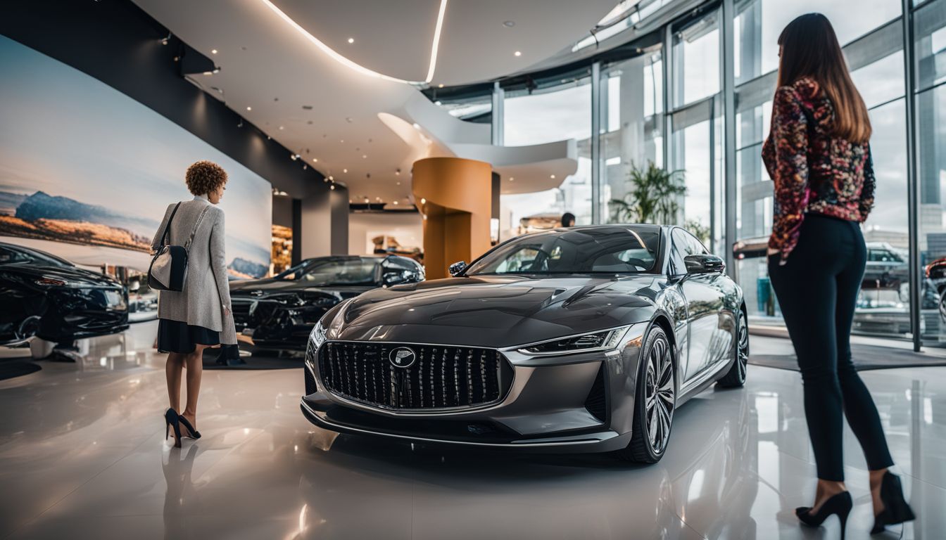 A customer admiring a stylish car in a modern showroom, surrounded by a diverse group of people.