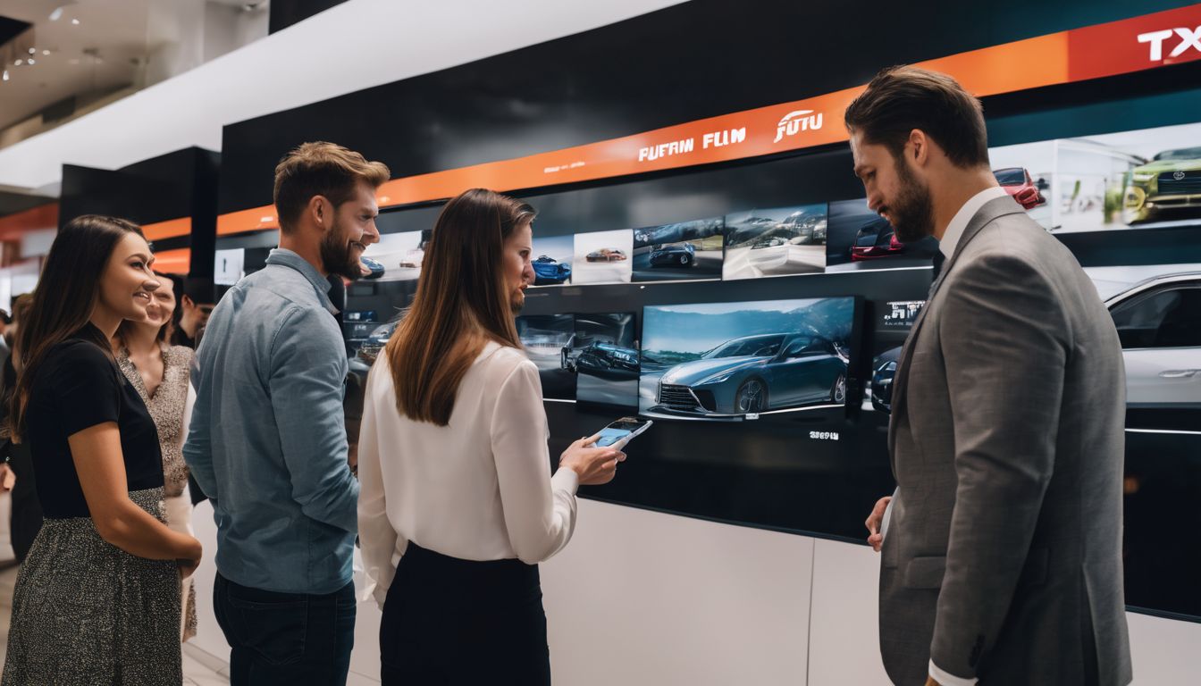 A diverse group of car shoppers looking at a digital display with a dealership's website branding in the background.