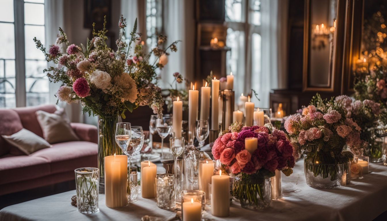 A beautifully decorated room filled with flowers, candles, different faces, hair styles, outfits, and a lively atmosphere.