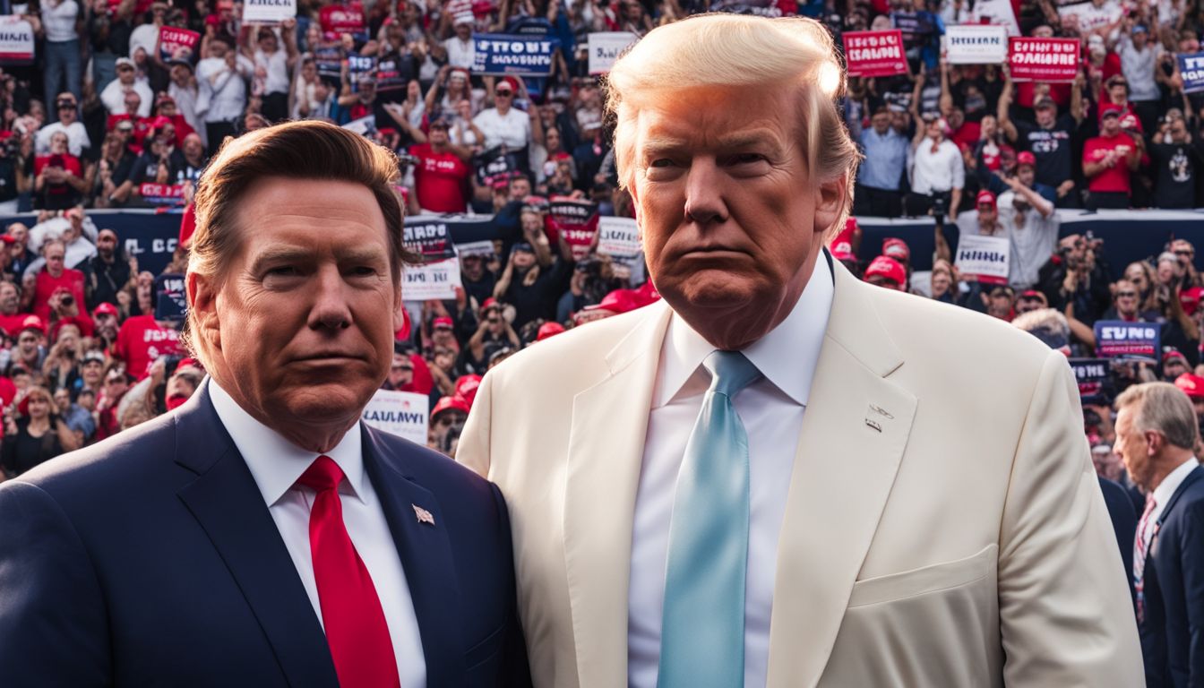 Donald Trump and Ron DeSantis standing side by side at a political rally.