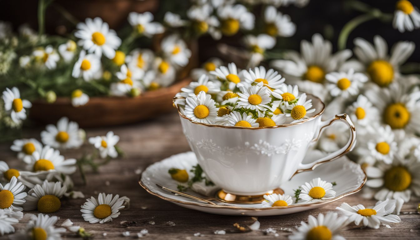 A vintage teacup filled with chamomile tea surrounded by flowers.