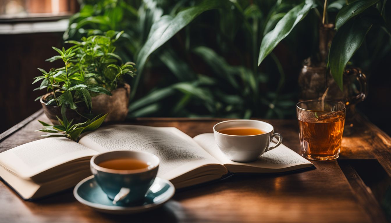 A photo of a cup of tea on a table with plants and a book.