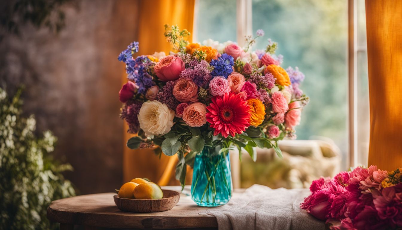 A colorful bouquet of flowers in a diverse and lively atmosphere.