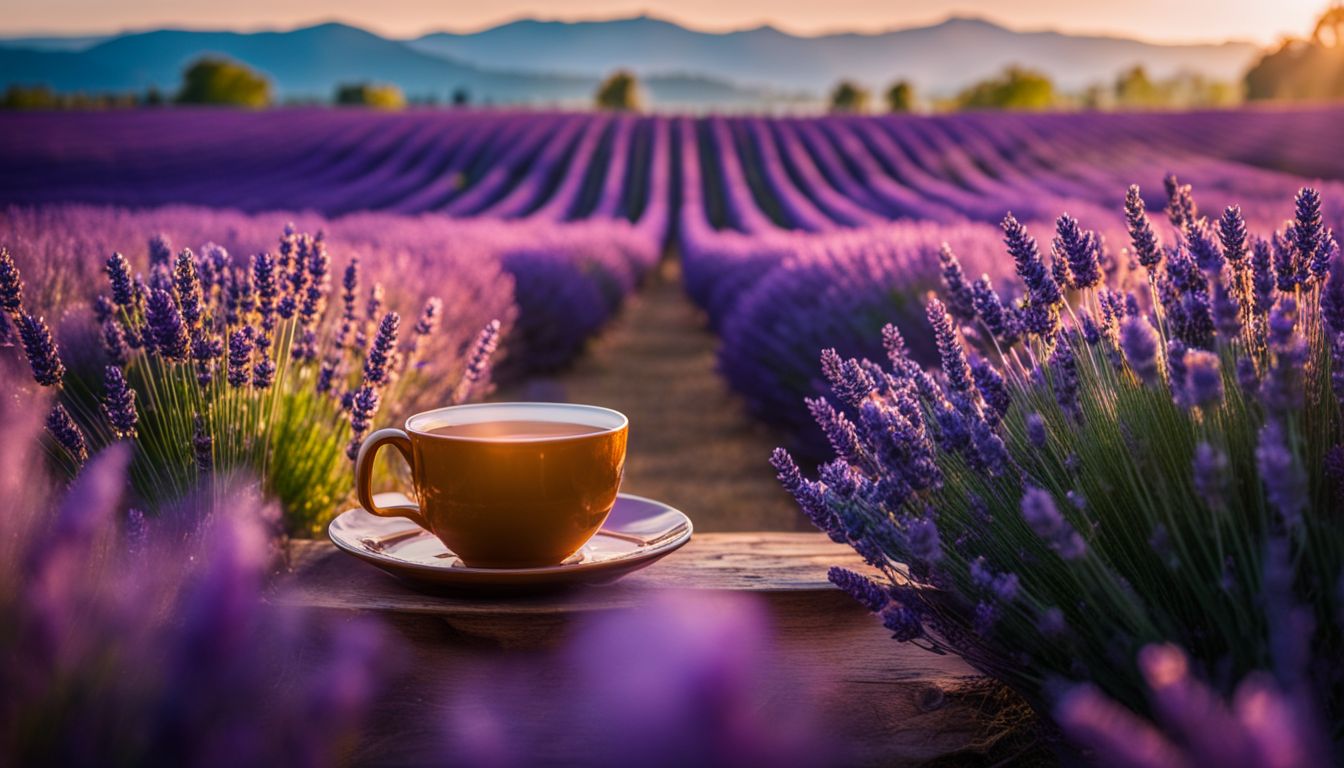 Close-up of lavender tea with blooming lavender fields in the background.