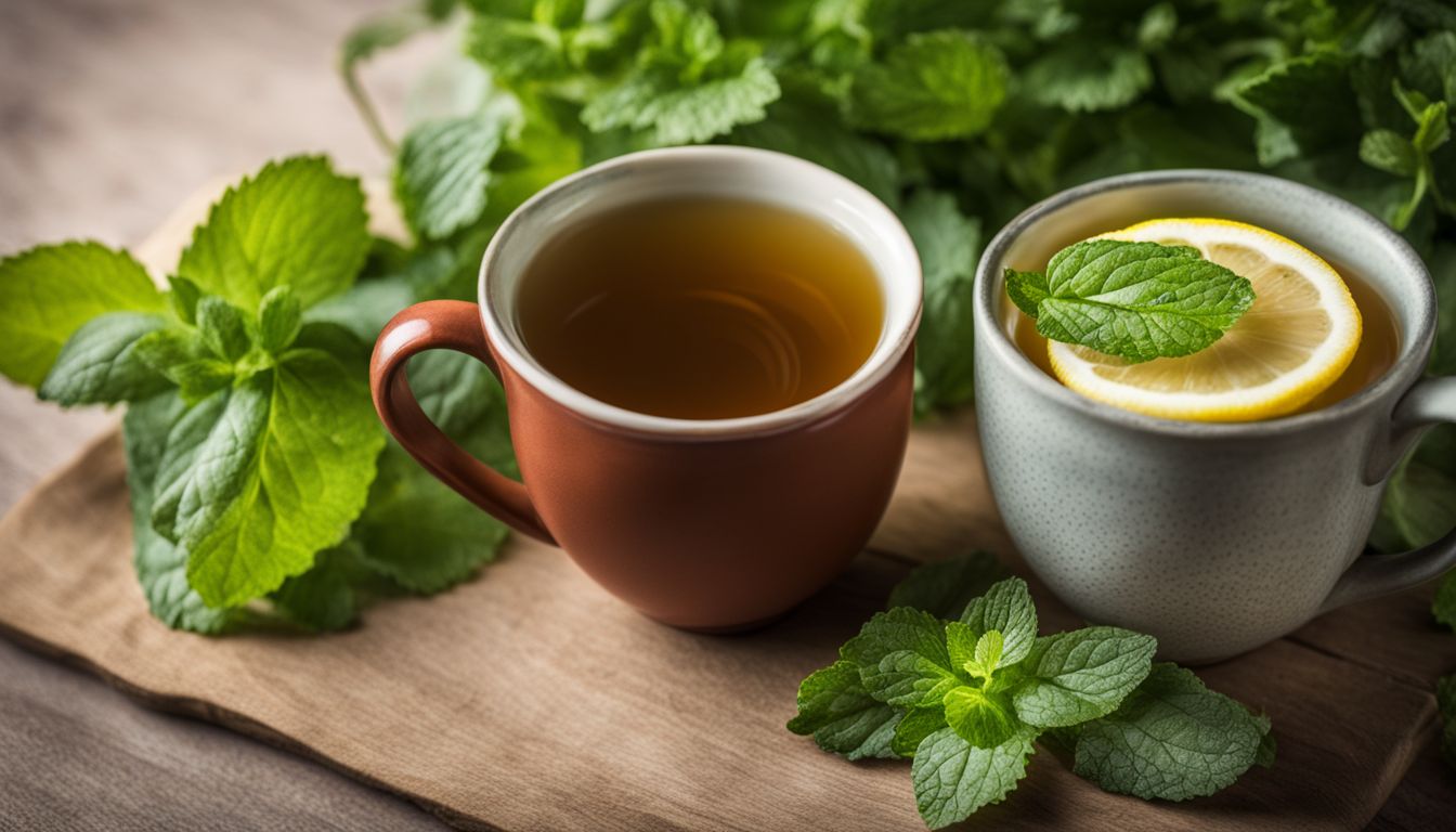Close-up of lemon balm tea with various people and surroundings.