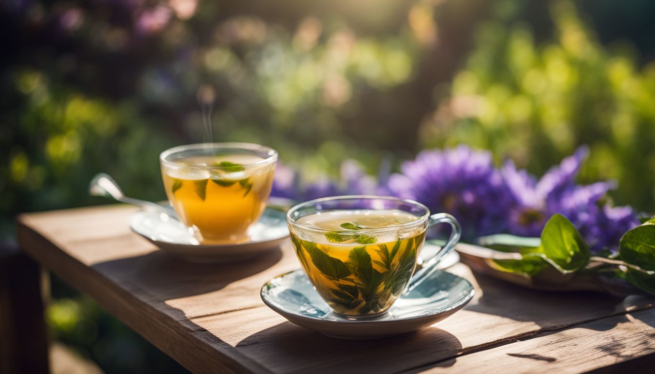 A peaceful garden setting with a cup of passionflower tea.