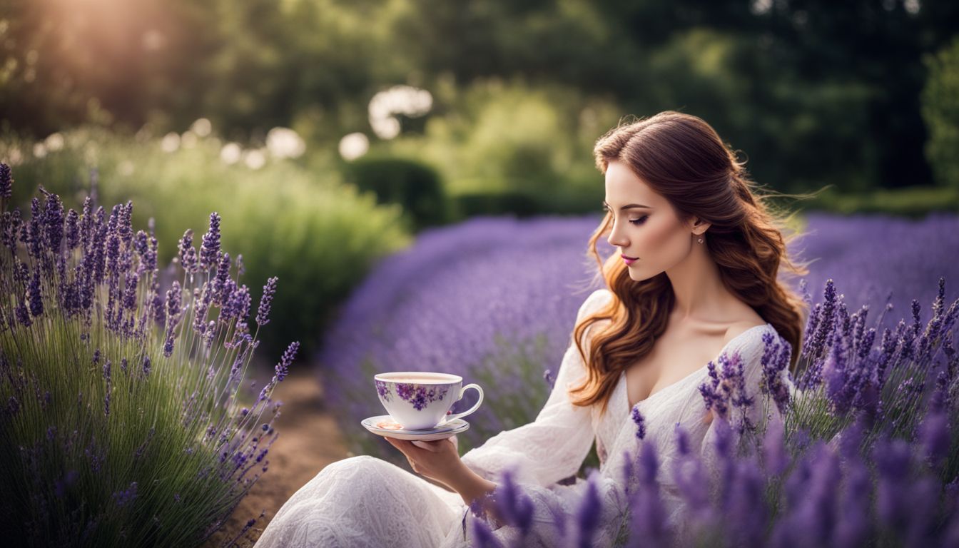 A serene garden with lavender flowers and a cup of tea.