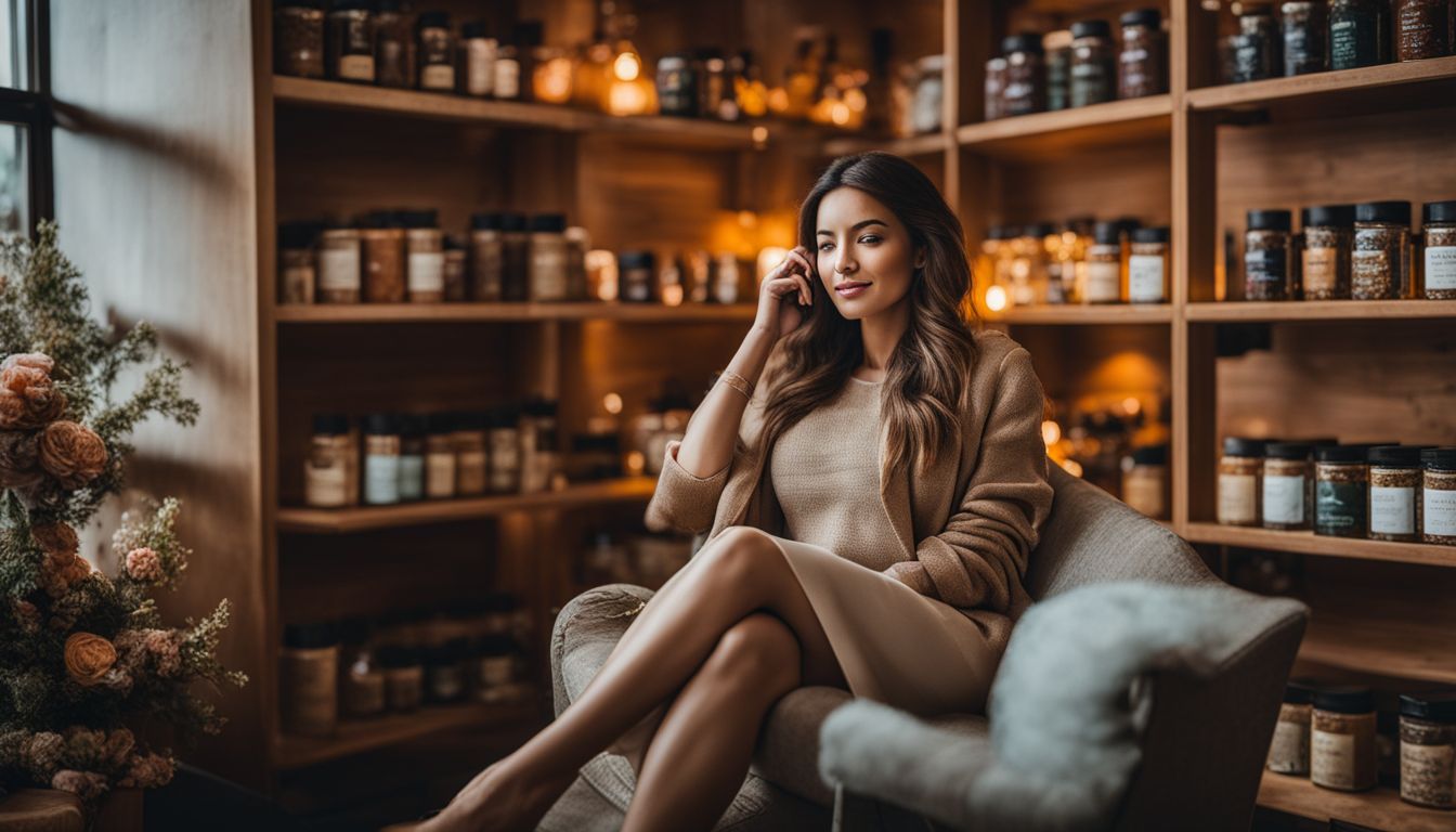 A woman surrounded by shelves of stress-relief tea blends.