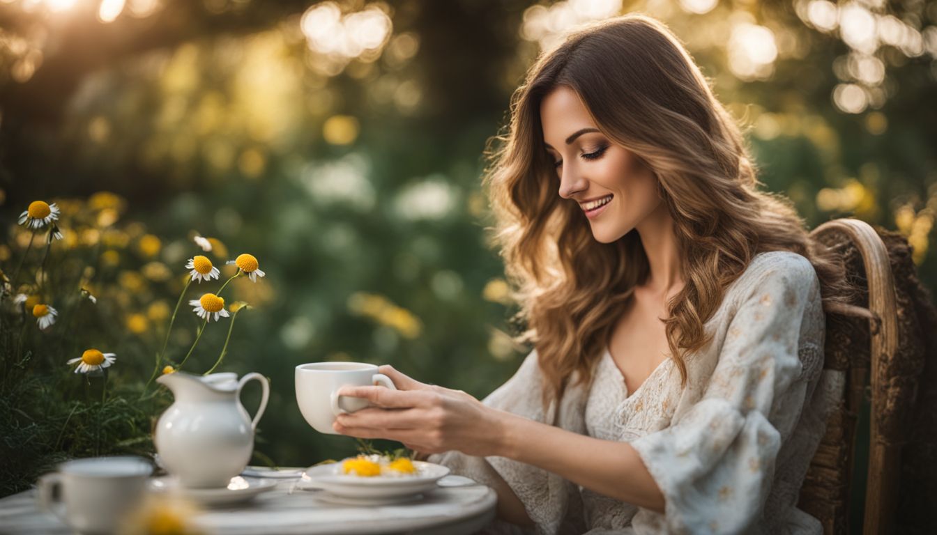 A woman enjoying chamomile tea in a peaceful garden setting.